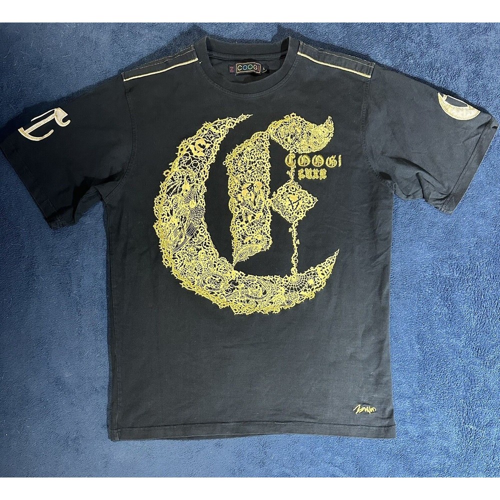 COOGI Luxe Shirt Embroidered Mens Large Black Snake Design Gold